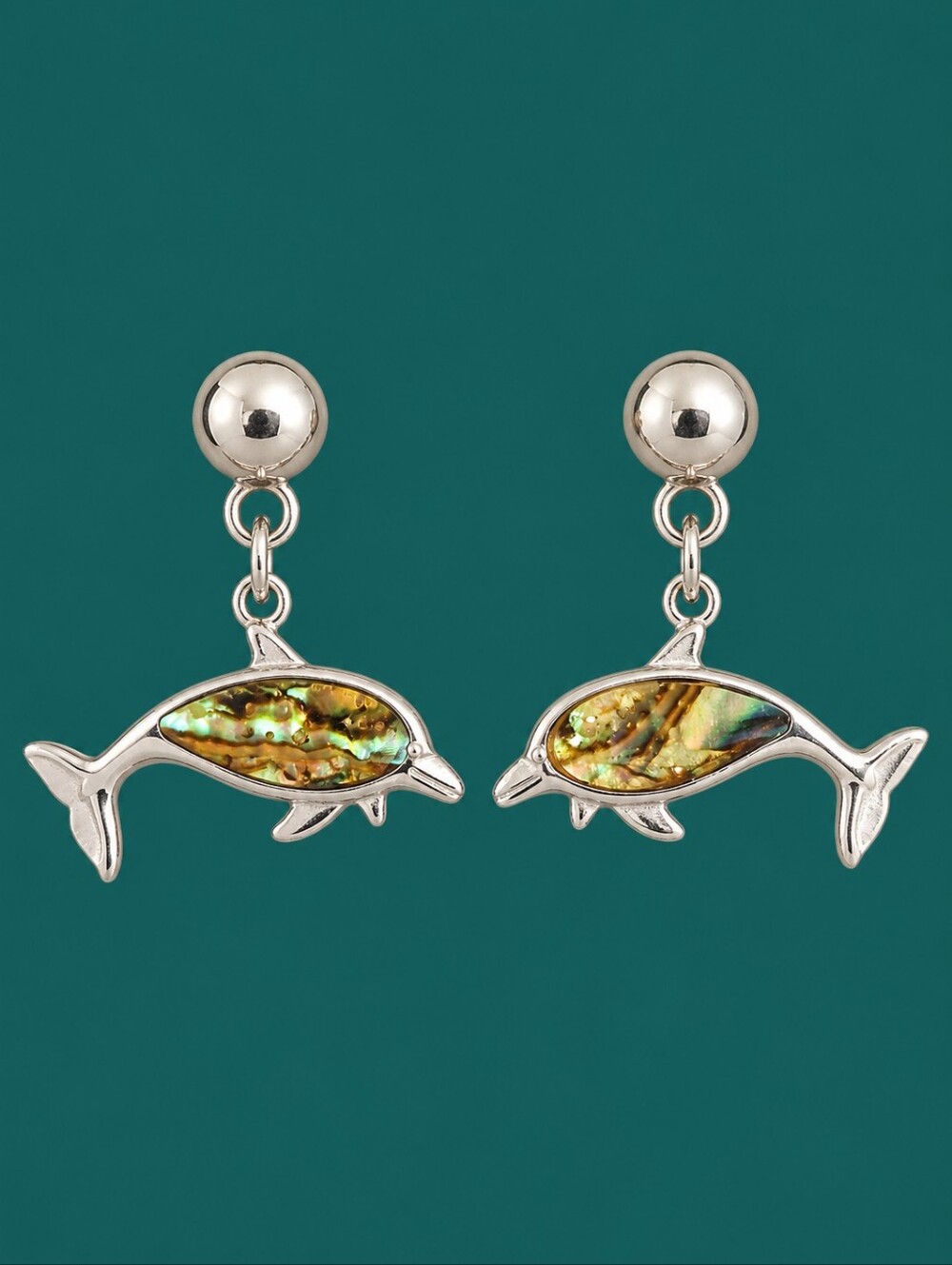 Vintage Silver Dolphin Paua Shell Drop Earrings